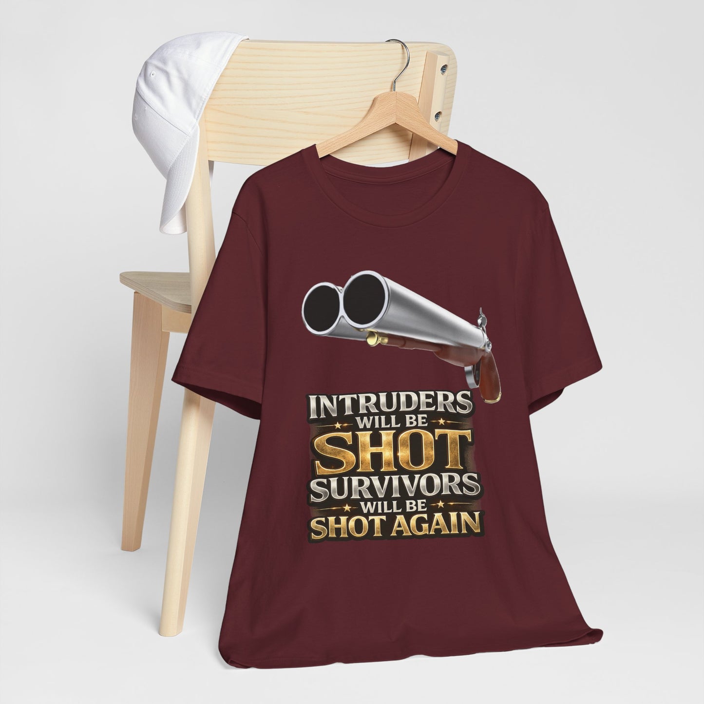 2nd Amendment Shotgun Safety Tee — "Intruders Will Be Shot, Survivors Shot Again" Graphic T-Shirt