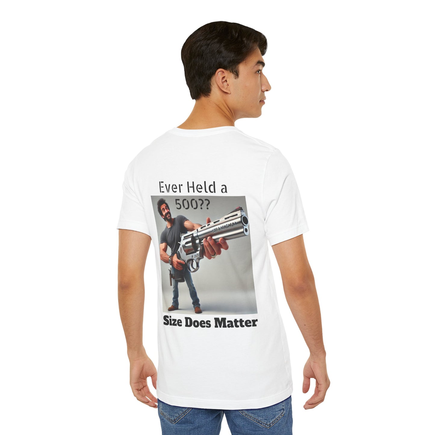 Gun Humor Unisex Tee, 500 Magnum Size Does Matter, Funny Graphic T-Shirt, Novelty Shirt for Gun Enthusiasts, Second Amendment Apparel, Men's
