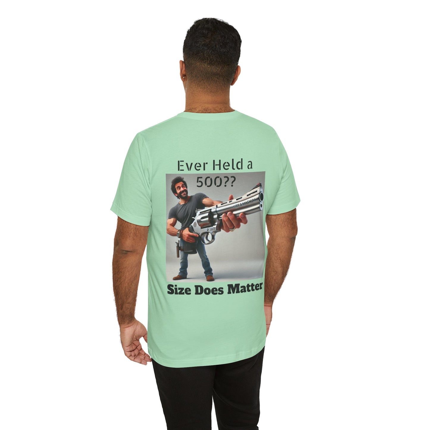 Gun Humor Unisex Tee, 500 Magnum Size Does Matter, Funny Graphic T-Shirt, Novelty Shirt for Gun Enthusiasts, Second Amendment Apparel, Men's