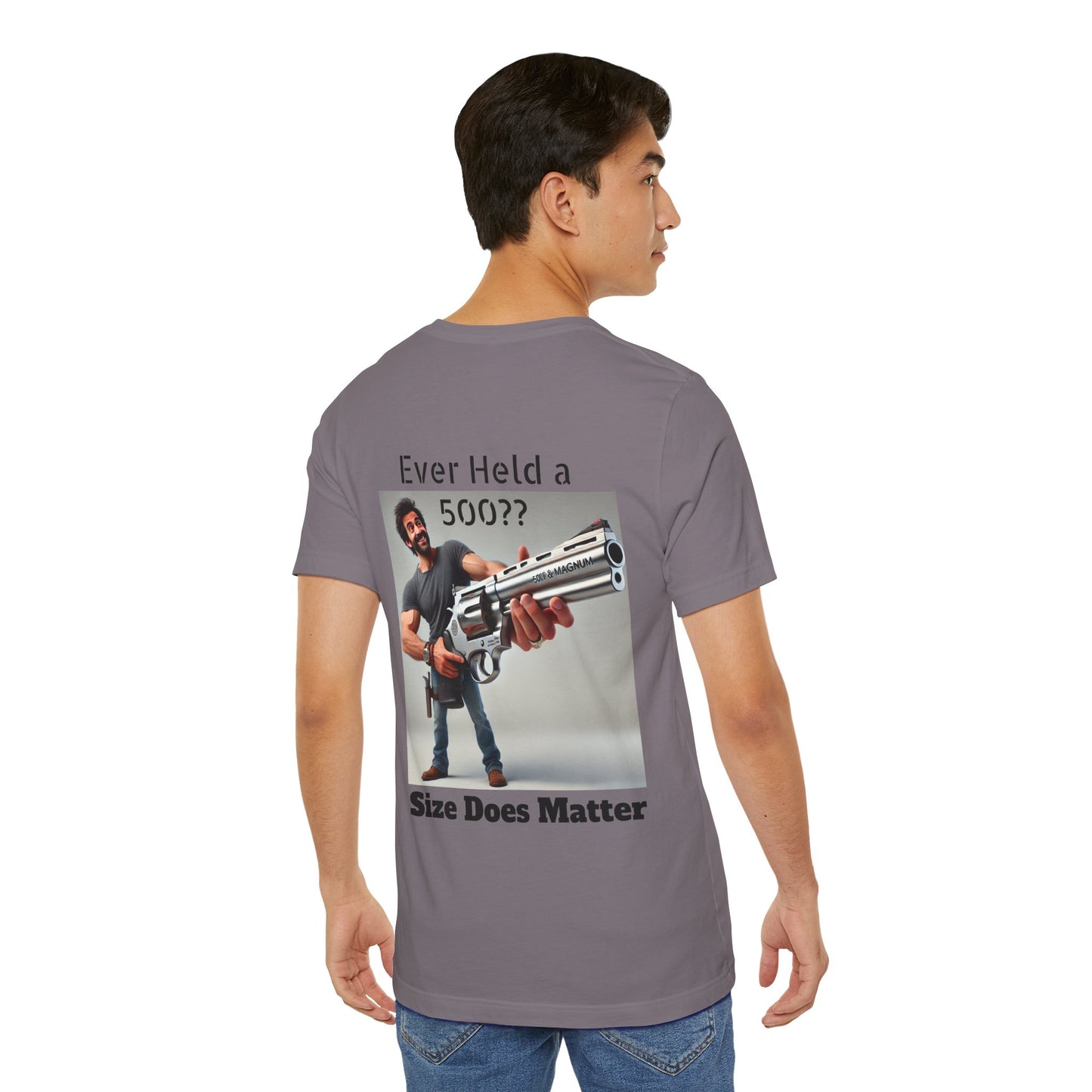 Gun Humor Unisex Tee, 500 Magnum Size Does Matter, Funny Graphic T-Shirt, Novelty Shirt for Gun Enthusiasts, Second Amendment Apparel, Men's