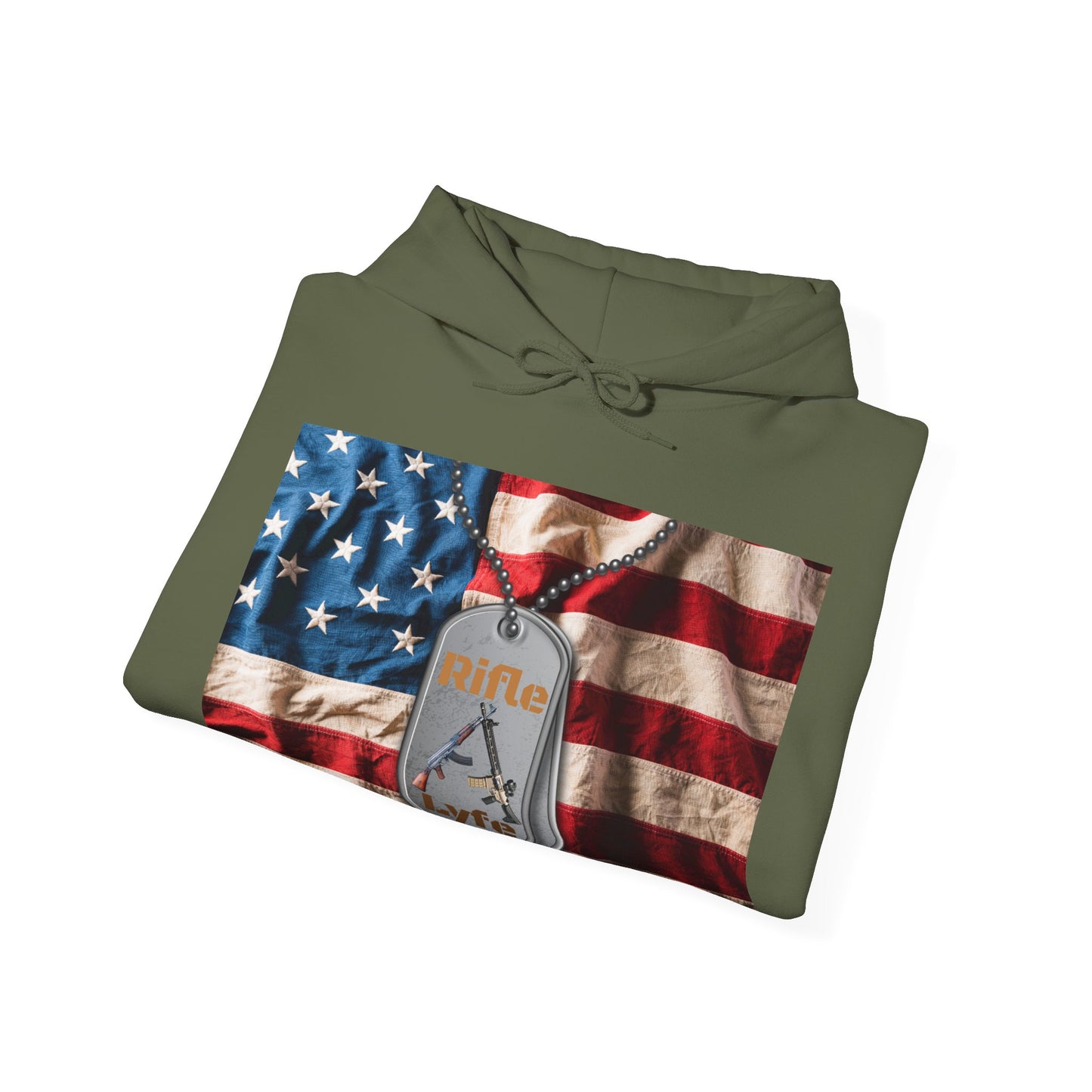 US flag with dog tags, Rifle Lyfe Logo Military