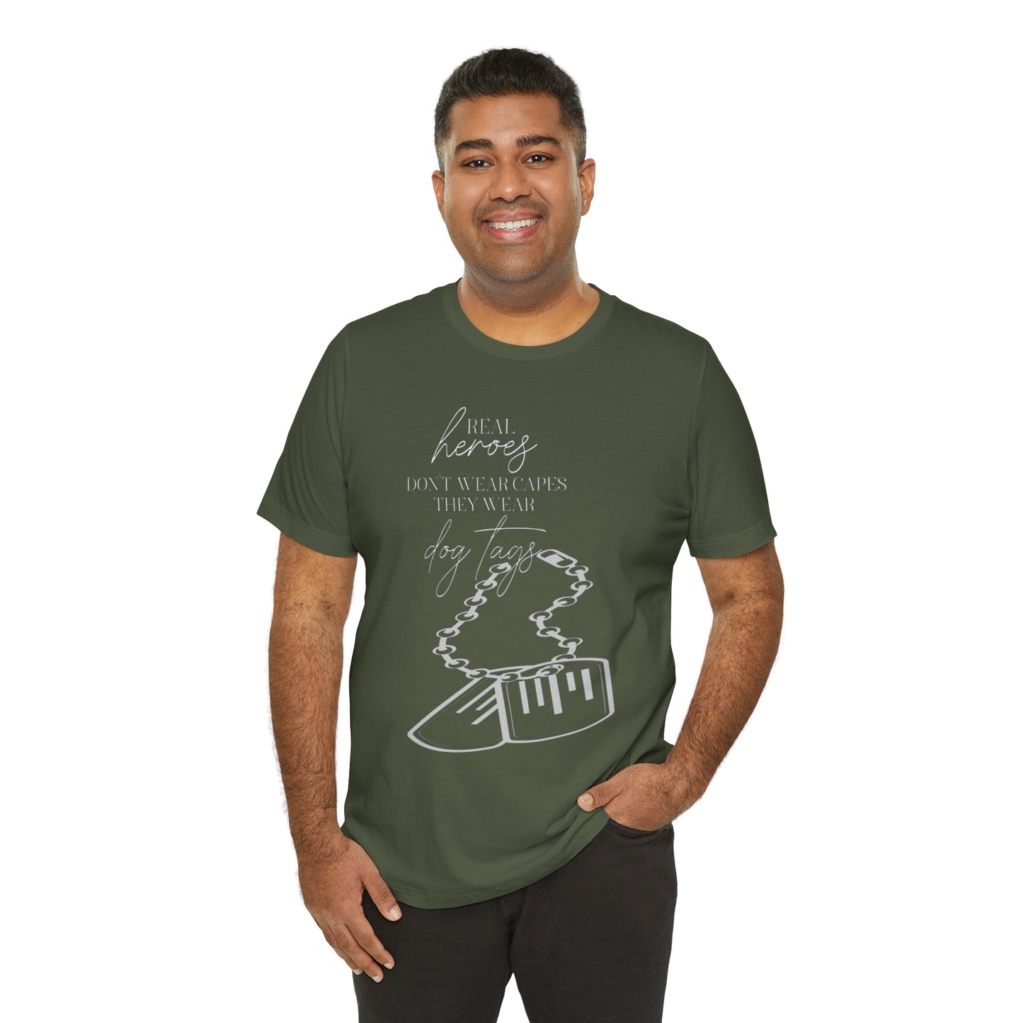 Super Hero, Military Hero, T-Shirt with Quote about Hero Not Wearing Capes They Wear Dog Tags