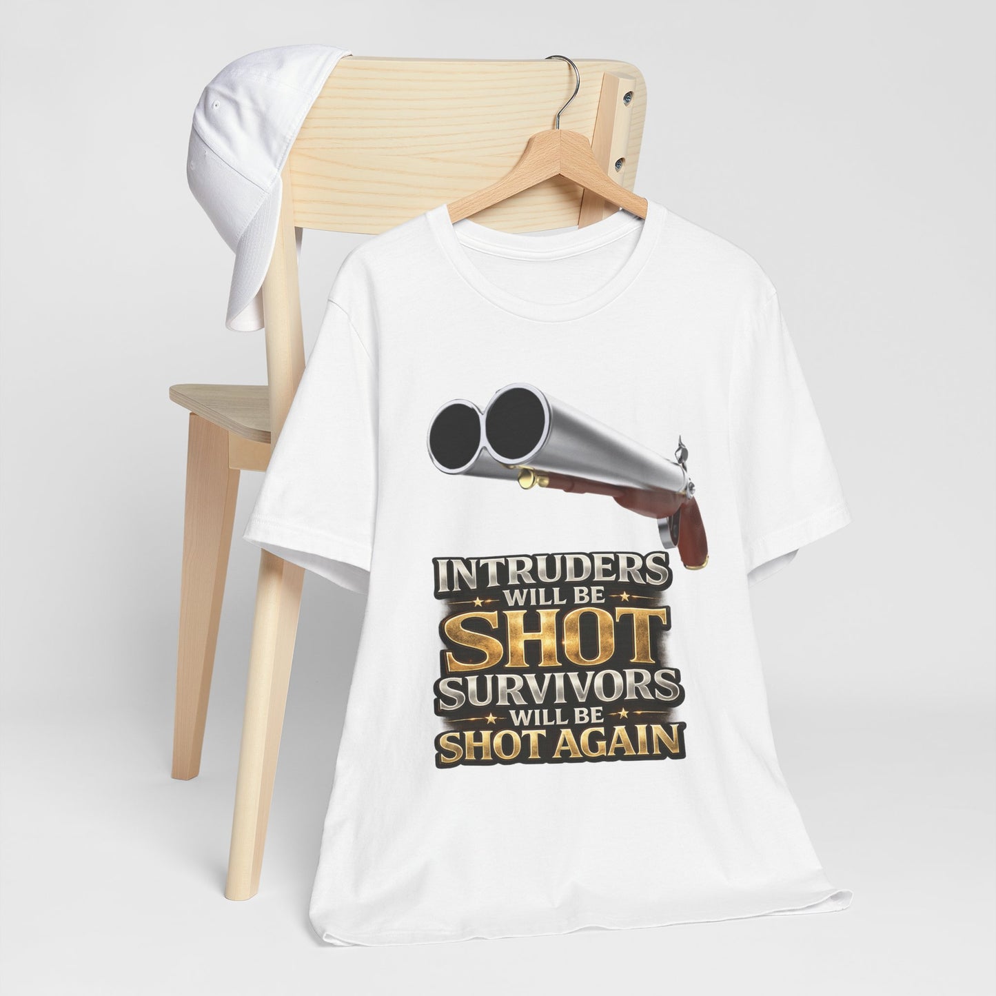 2nd Amendment Shotgun Safety Tee — "Intruders Will Be Shot, Survivors Shot Again" Graphic T-Shirt