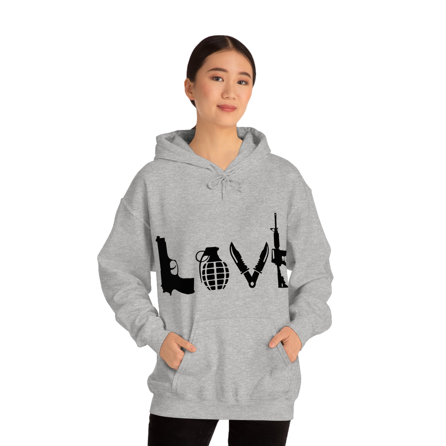 Love spelled with guns and weapons