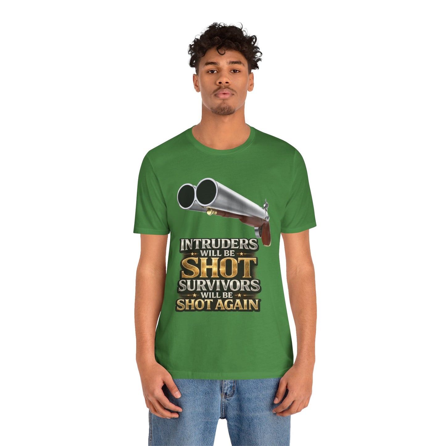 2nd Amendment Shotgun Safety Tee — "Intruders Will Be Shot, Survivors Shot Again" Graphic T-Shirt
