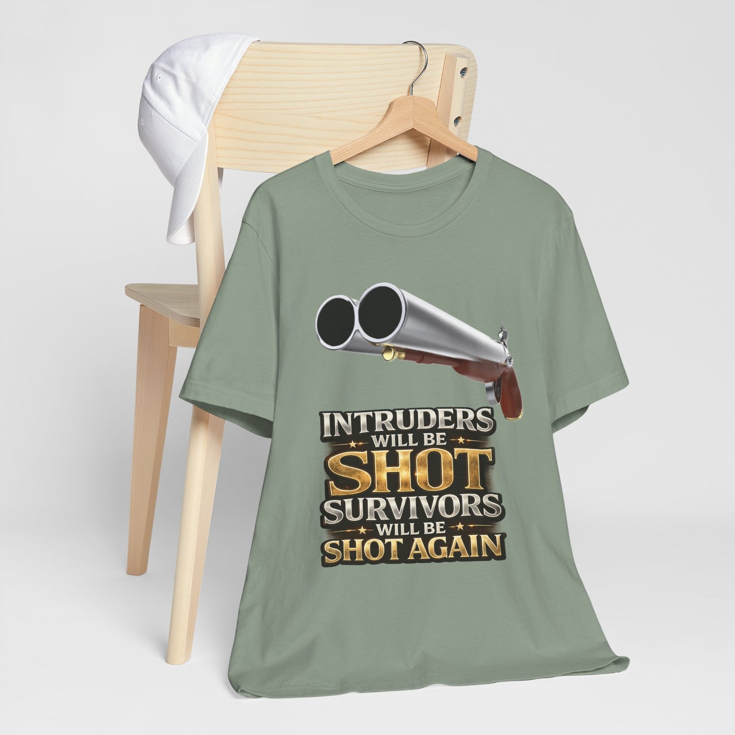 2nd Amendment Shotgun Safety Tee — "Intruders Will Be Shot, Survivors Shot Again" Graphic T-Shirt