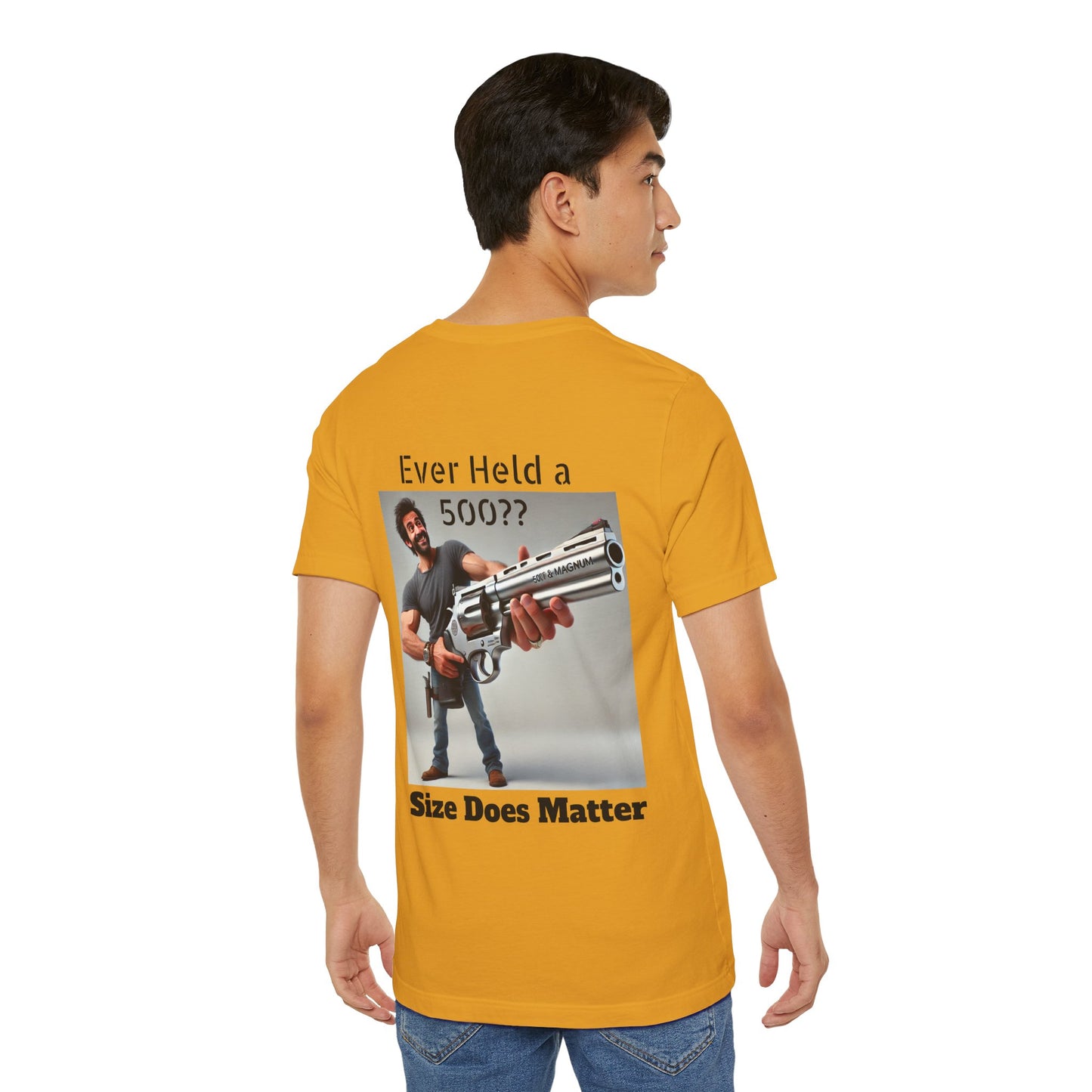 Gun Humor Unisex Tee, 500 Magnum Size Does Matter, Funny Graphic T-Shirt, Novelty Shirt for Gun Enthusiasts, Second Amendment Apparel, Men's