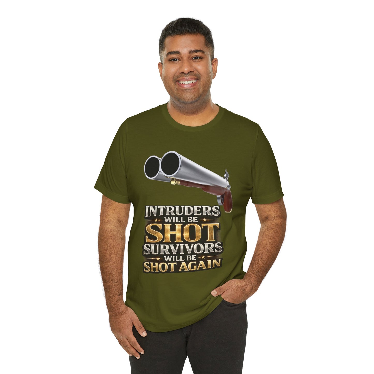 2nd Amendment Shotgun Safety Tee — "Intruders Will Be Shot, Survivors Shot Again" Graphic T-Shirt