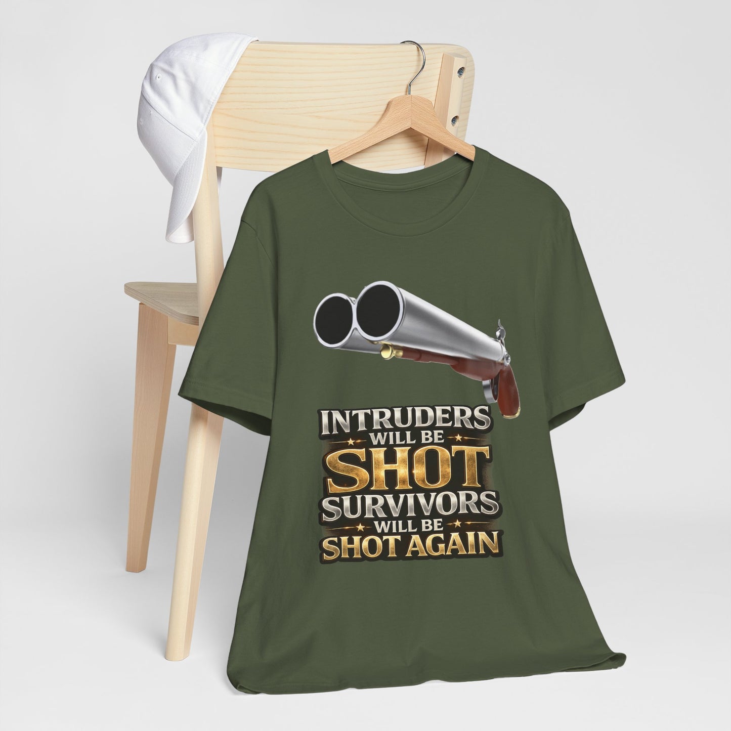2nd Amendment Shotgun Safety Tee — "Intruders Will Be Shot, Survivors Shot Again" Graphic T-Shirt