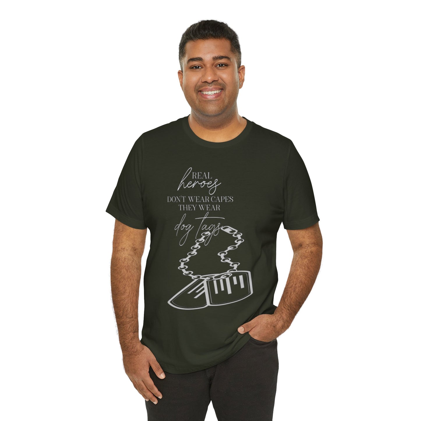 Super Hero, Military Hero, T-Shirt with Quote about Hero Not Wearing Capes They Wear Dog Tags