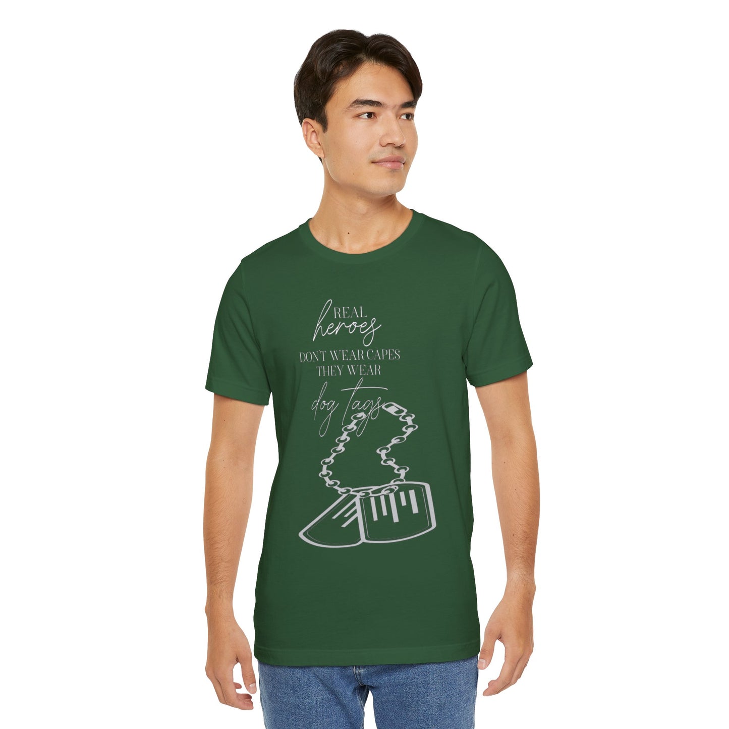 Super Hero, Military Hero, T-Shirt with Quote about Hero Not Wearing Capes They Wear Dog Tags