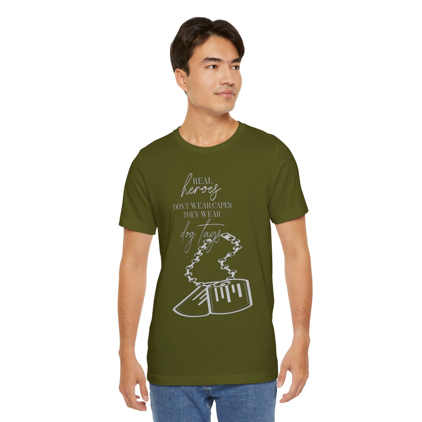 Super Hero, Military Hero, T-Shirt with Quote about Hero Not Wearing Capes They Wear Dog Tags