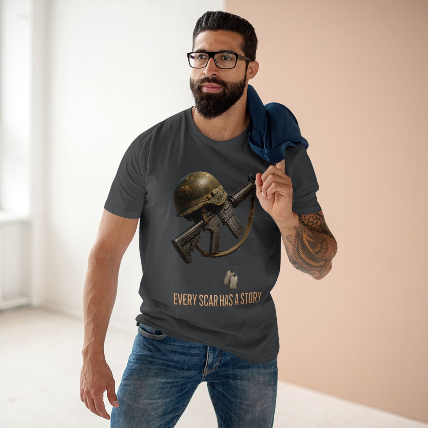 Military Tribute Tee  Veteran Helmet & Rifle T-Shirt