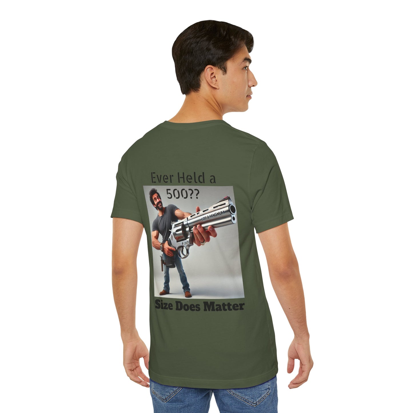 Gun Humor Unisex Tee, 500 Magnum Size Does Matter, Funny Graphic T-Shirt, Novelty Shirt for Gun Enthusiasts, Second Amendment Apparel, Men's