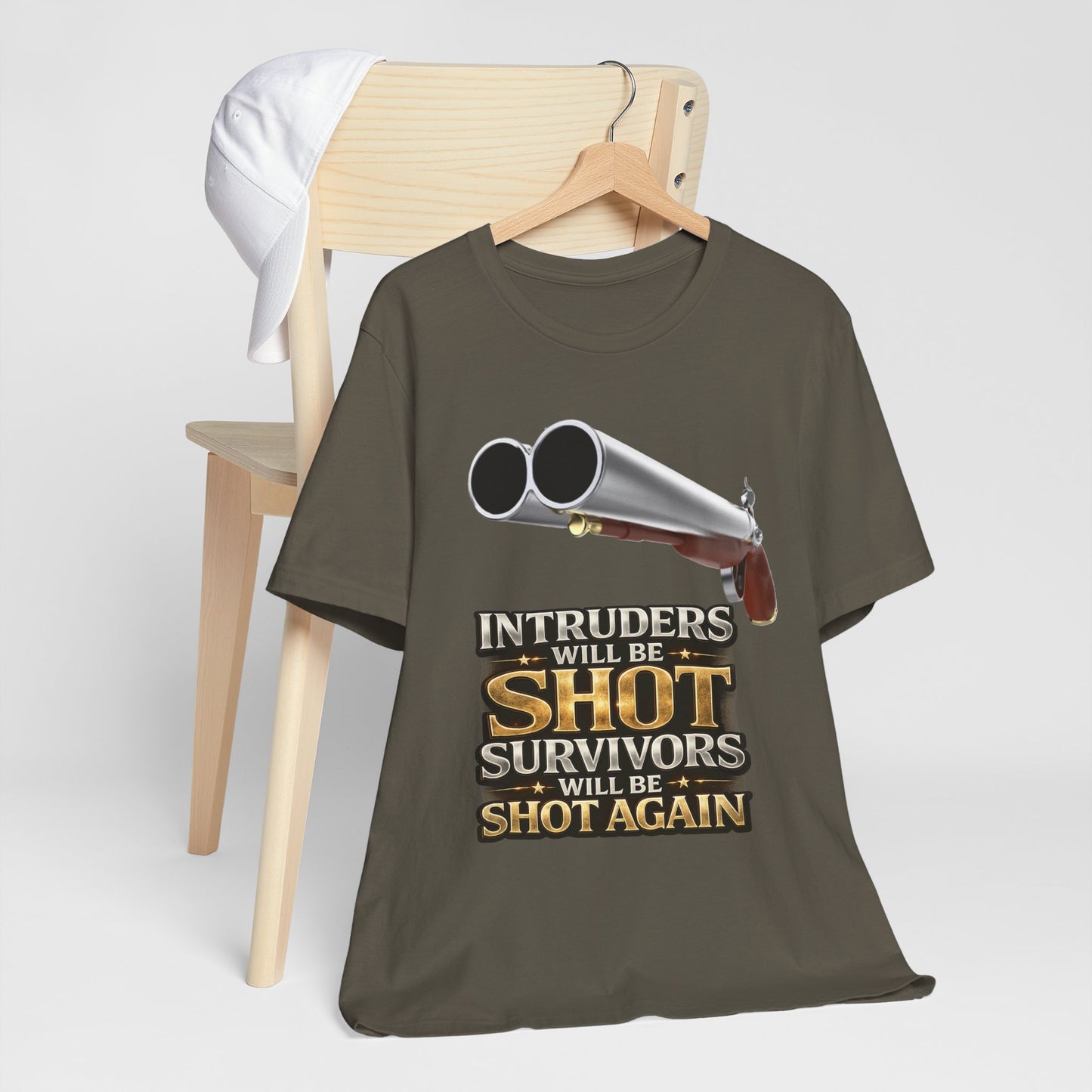 2nd Amendment Shotgun Safety Tee — "Intruders Will Be Shot, Survivors Shot Again" Graphic T-Shirt