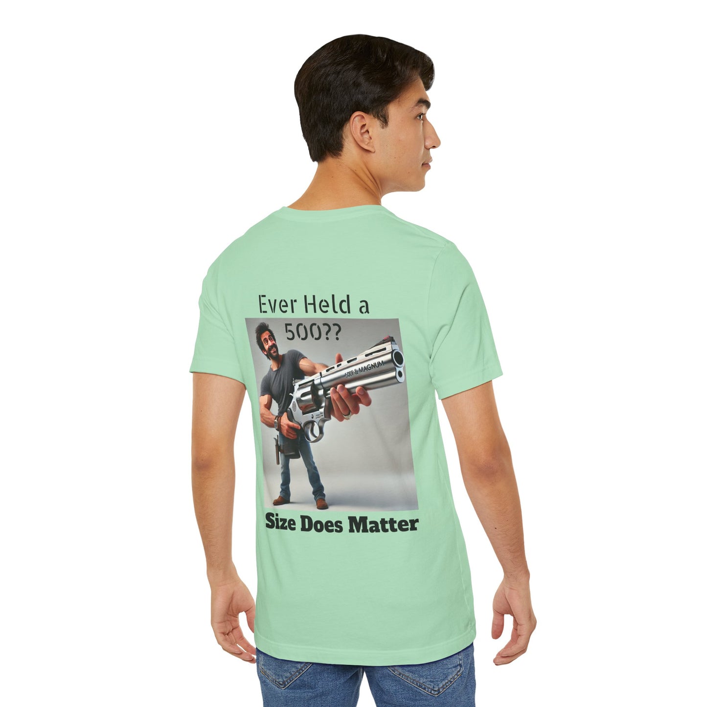 Gun Humor Unisex Tee, 500 Magnum Size Does Matter, Funny Graphic T-Shirt, Novelty Shirt for Gun Enthusiasts, Second Amendment Apparel, Men's