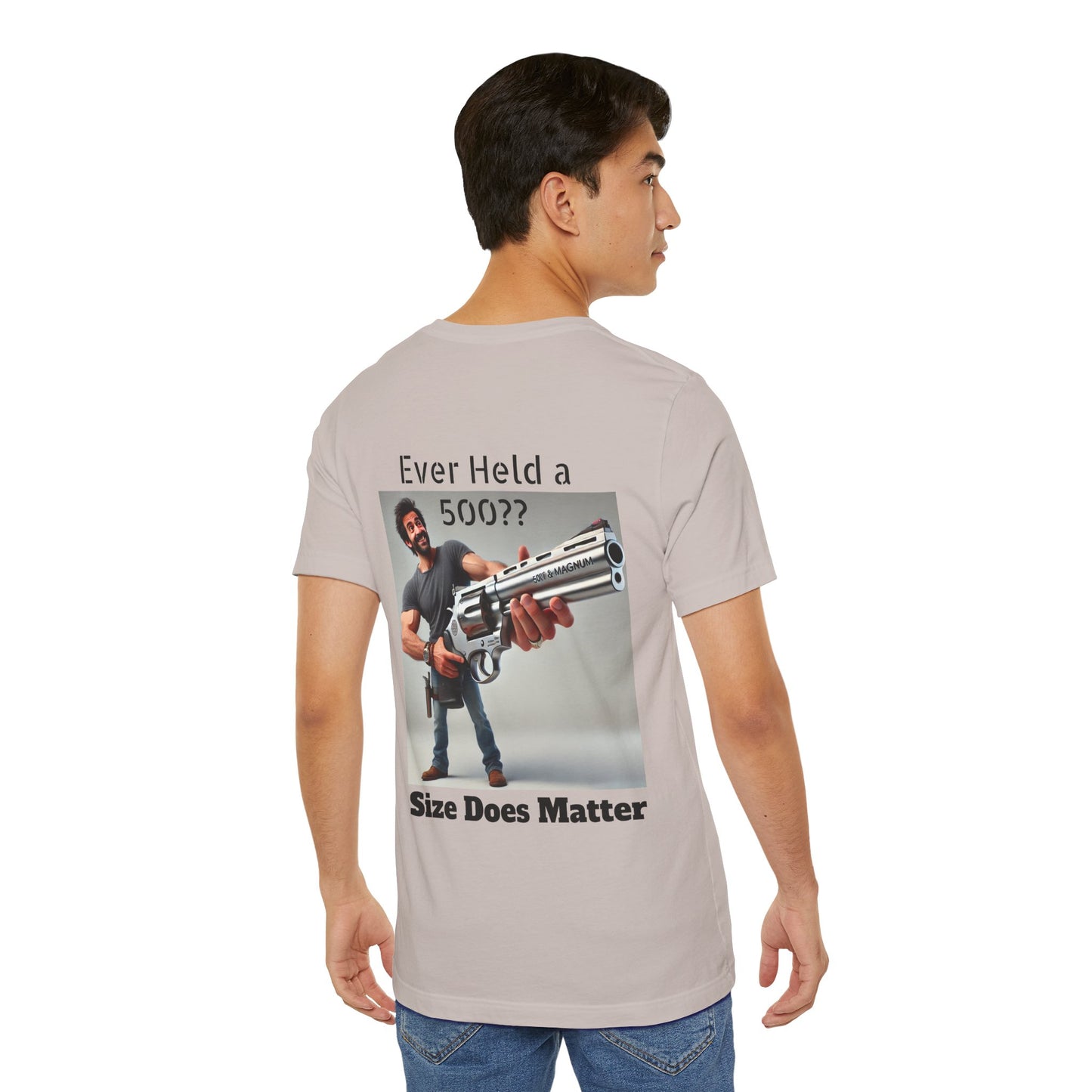 Gun Humor Unisex Tee, 500 Magnum Size Does Matter, Funny Graphic T-Shirt, Novelty Shirt for Gun Enthusiasts, Second Amendment Apparel, Men's