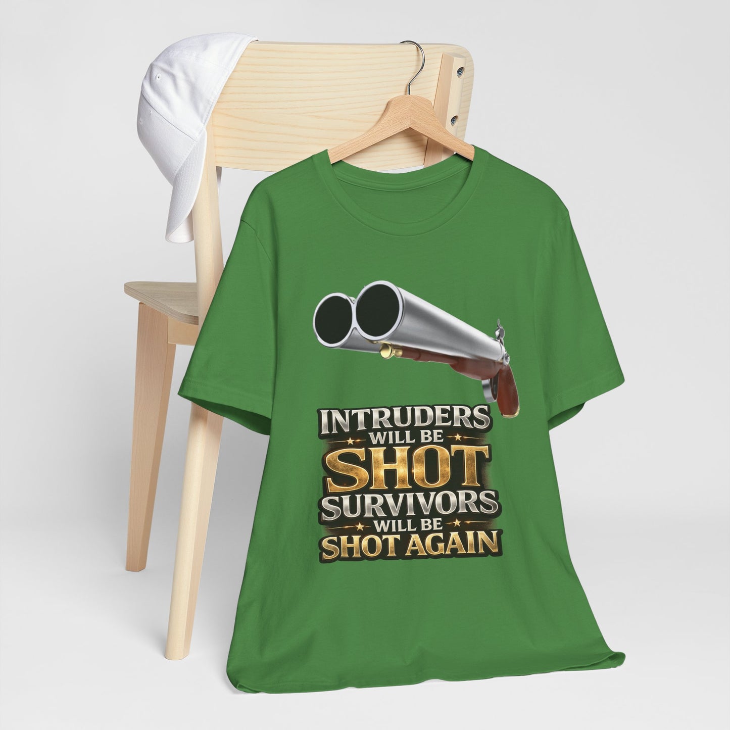 2nd Amendment Shotgun Safety Tee — "Intruders Will Be Shot, Survivors Shot Again" Graphic T-Shirt