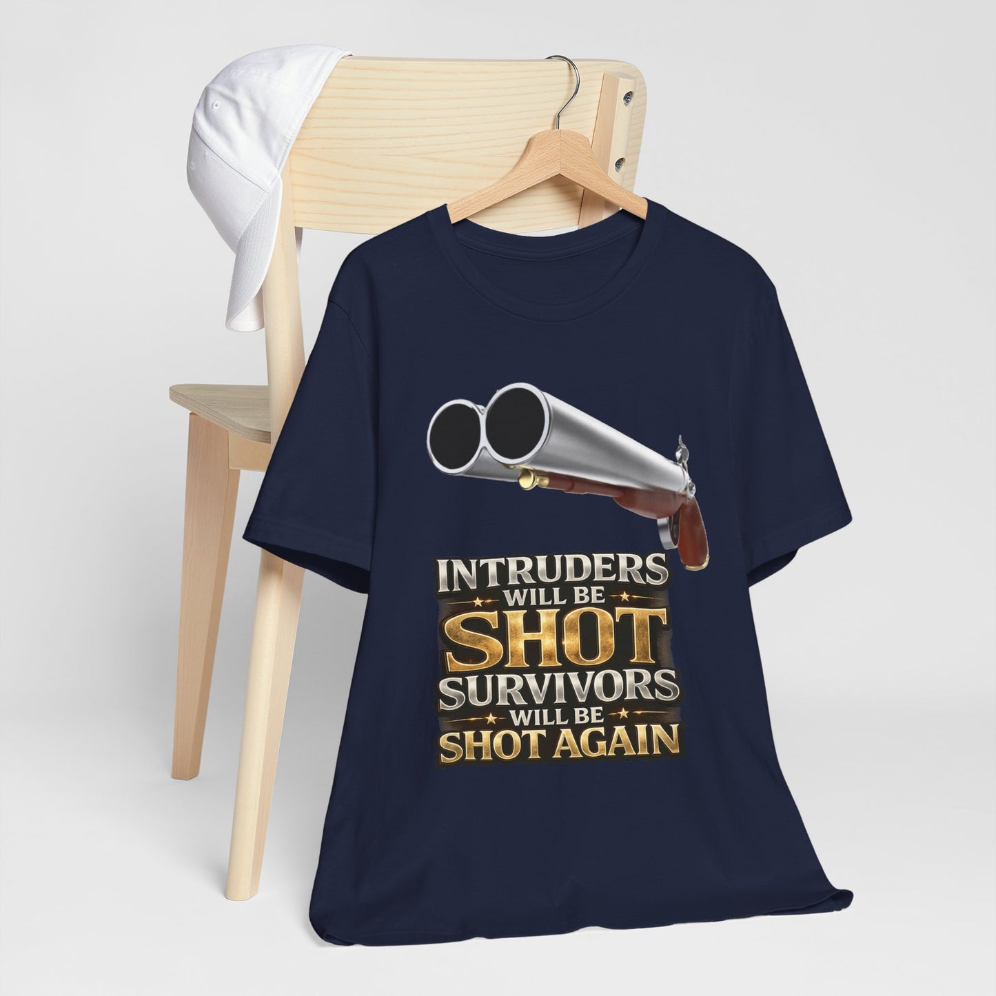2nd Amendment Shotgun Safety Tee — "Intruders Will Be Shot, Survivors Shot Again" Graphic T-Shirt