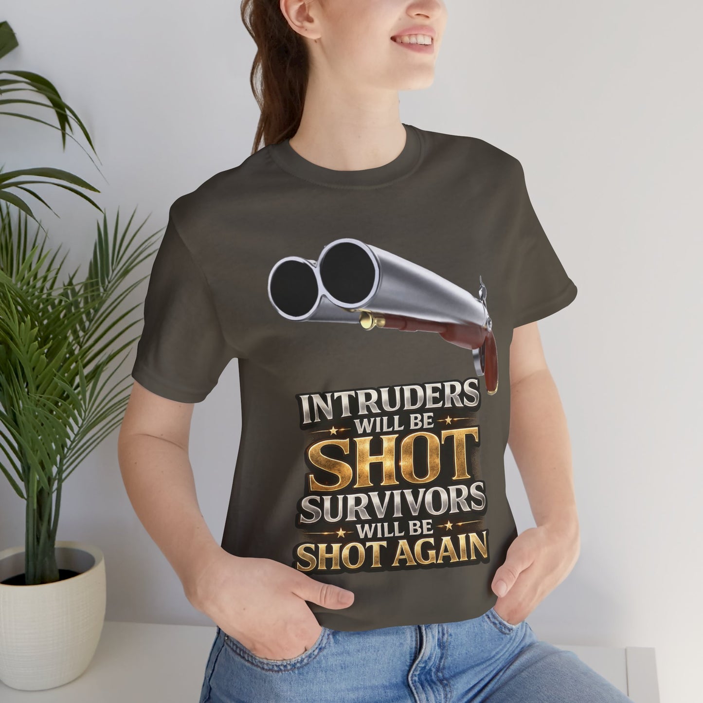 2nd Amendment Shotgun Safety Tee — "Intruders Will Be Shot, Survivors Shot Again" Graphic T-Shirt