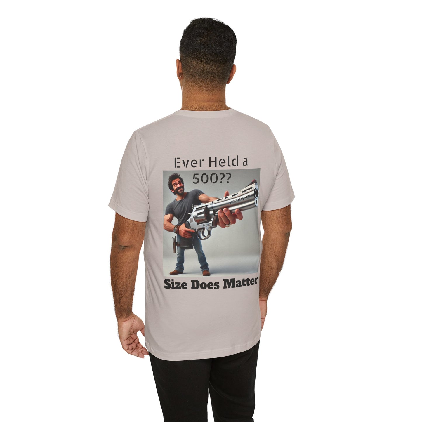 Gun Humor Unisex Tee, 500 Magnum Size Does Matter, Funny Graphic T-Shirt, Novelty Shirt for Gun Enthusiasts, Second Amendment Apparel, Men's