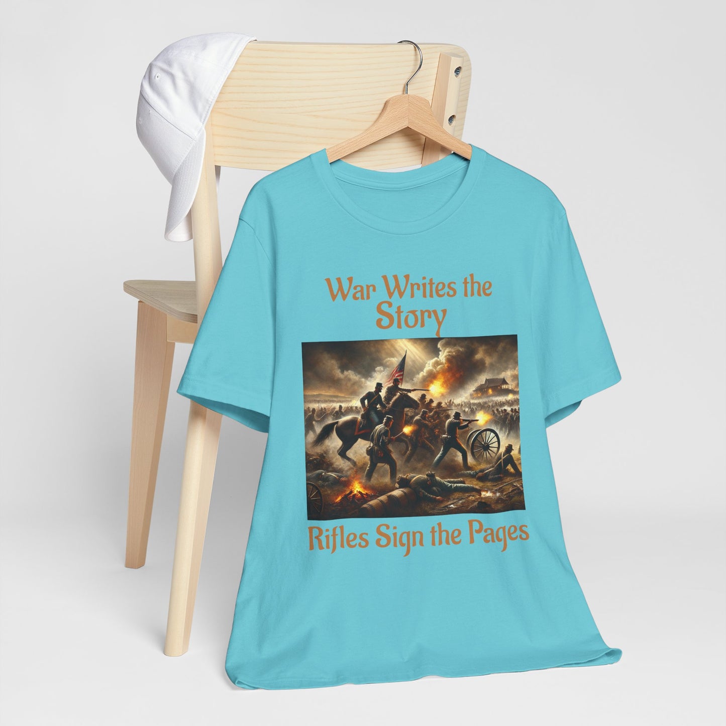 War Writes the Story T-Shirt  Rifles Sign the Pages Military Graphic Tee  Patriotic History Shirt  Battle Art Tee for Veterans & 2A Fans