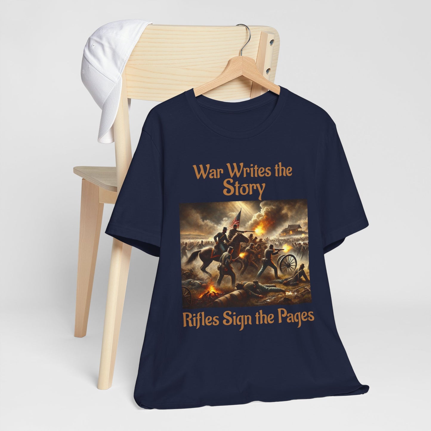 War Writes the Story T-Shirt  Rifles Sign the Pages Military Graphic Tee  Patriotic History Shirt  Battle Art Tee for Veterans & 2A Fans