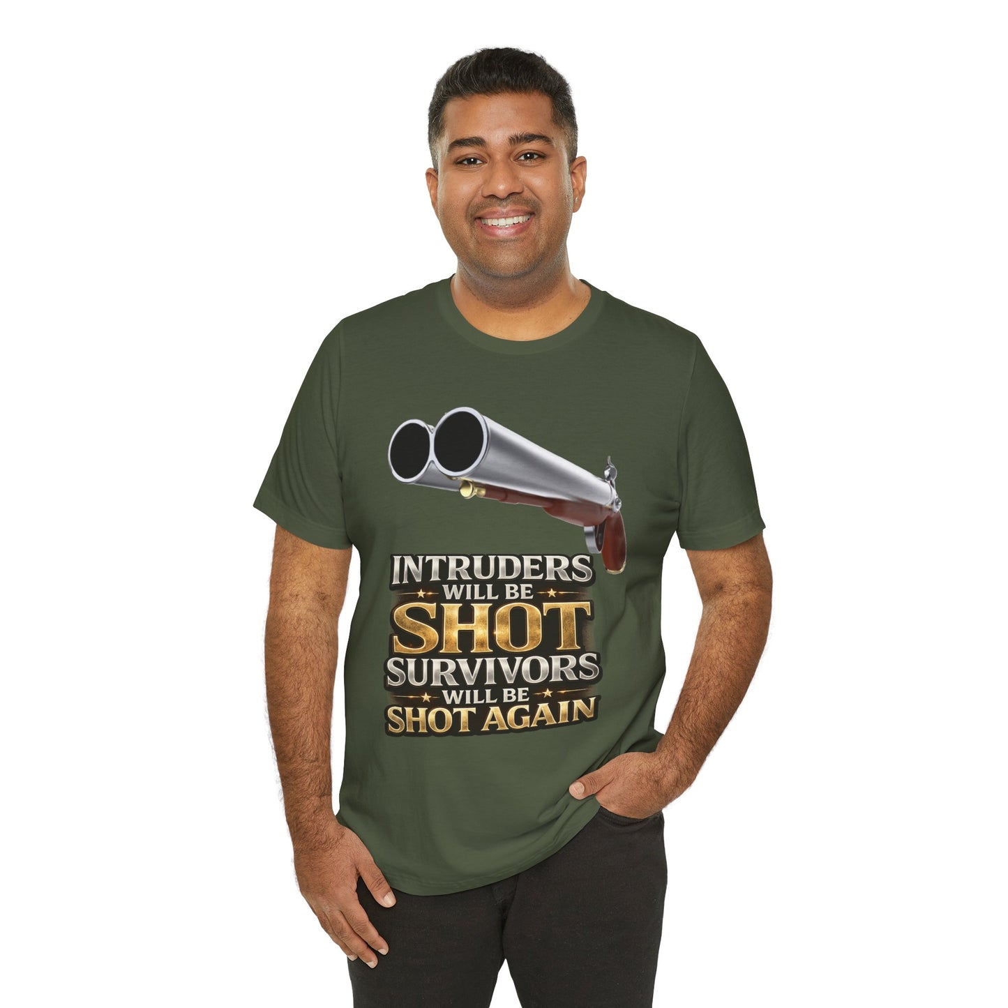 2nd Amendment Shotgun Safety Tee — "Intruders Will Be Shot, Survivors Shot Again" Graphic T-Shirt