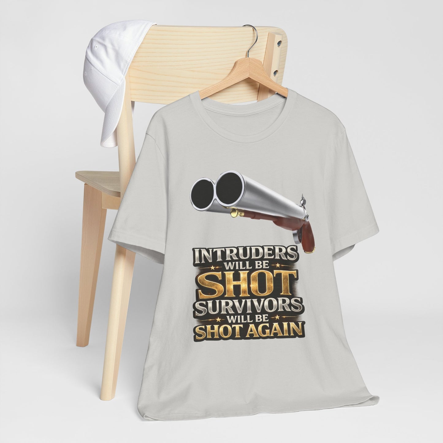 2nd Amendment Shotgun Safety Tee — "Intruders Will Be Shot, Survivors Shot Again" Graphic T-Shirt