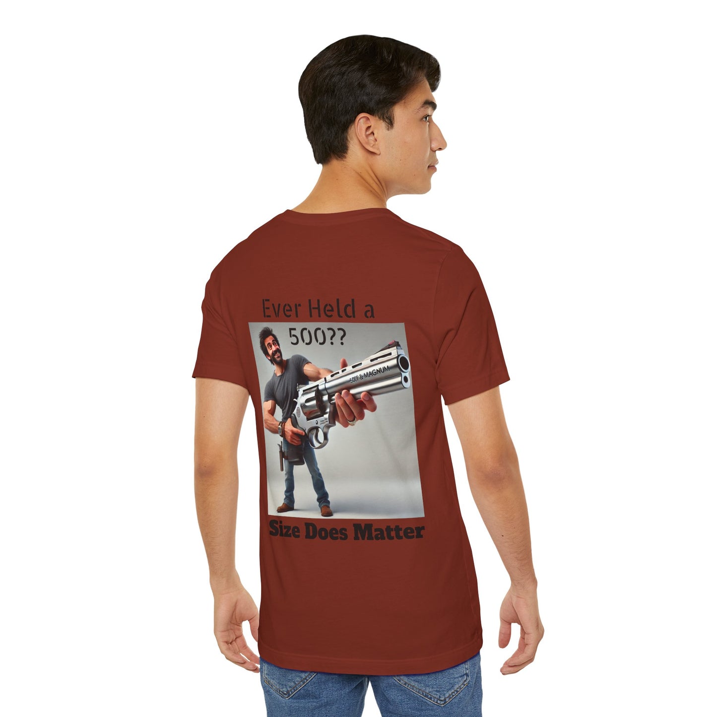 Gun Humor Unisex Tee, 500 Magnum Size Does Matter, Funny Graphic T-Shirt, Novelty Shirt for Gun Enthusiasts, Second Amendment Apparel, Men's