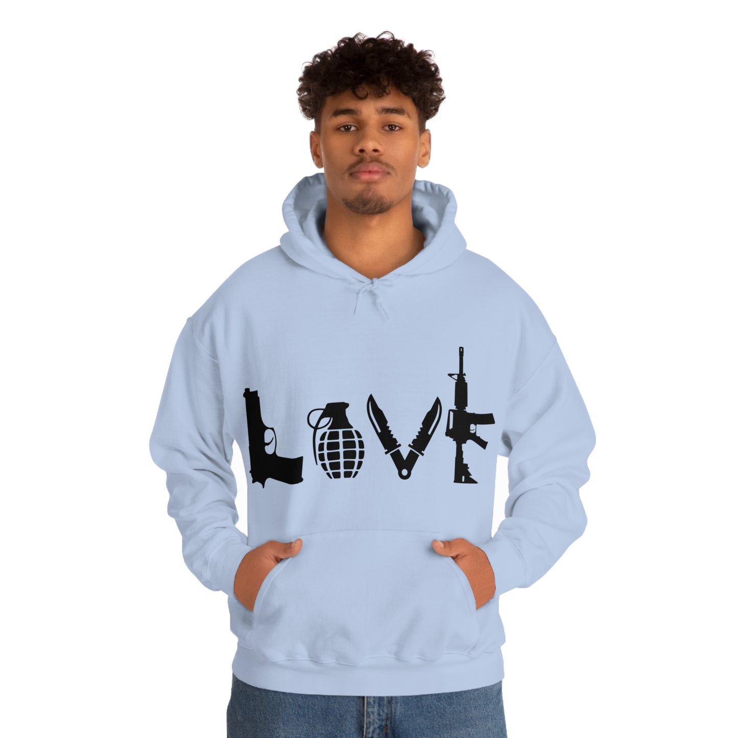 Love spelled with guns and weapons