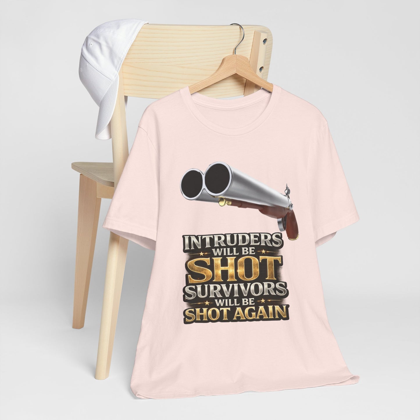 2nd Amendment Shotgun Safety Tee — "Intruders Will Be Shot, Survivors Shot Again" Graphic T-Shirt
