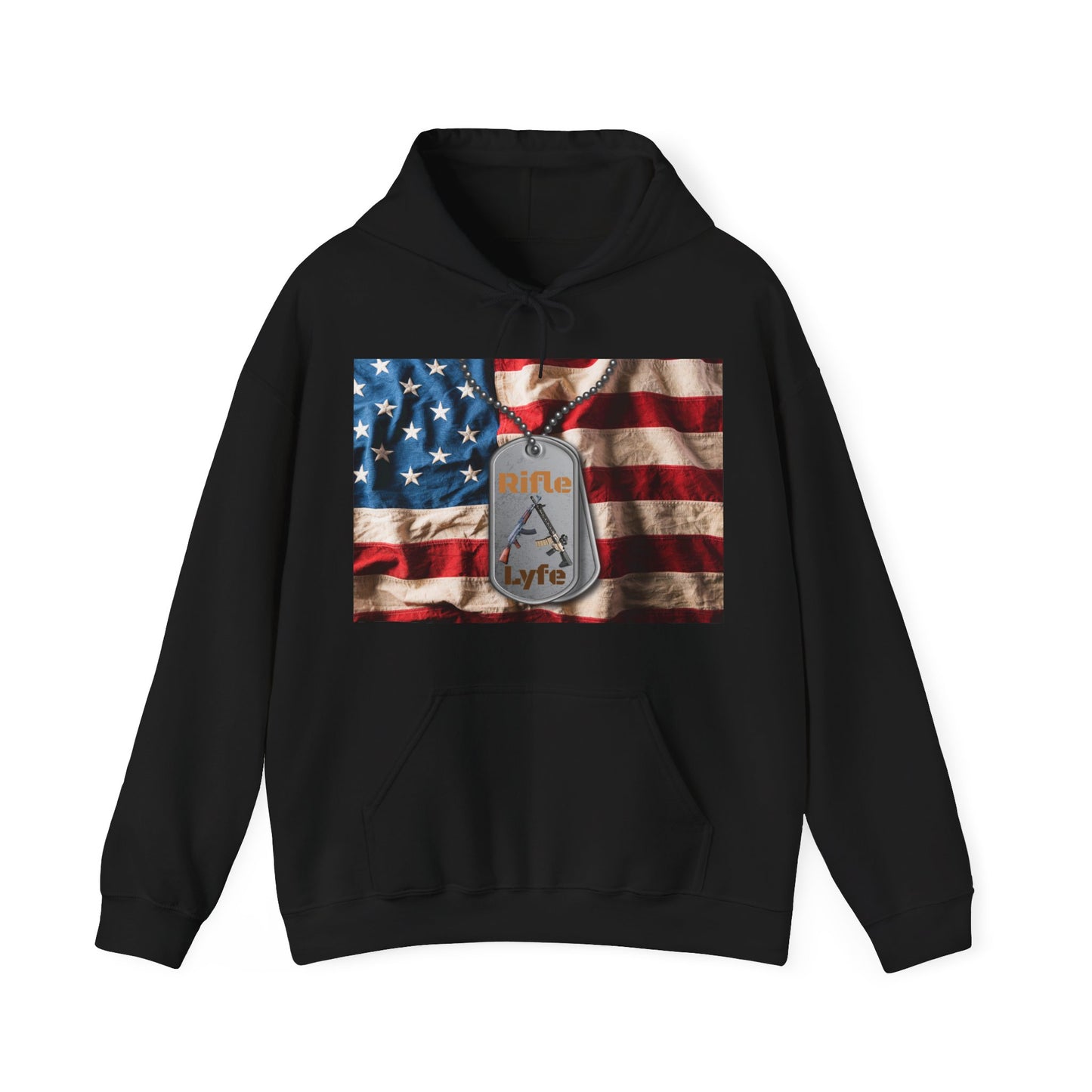 US flag with dog tags, Rifle Lyfe Logo Military