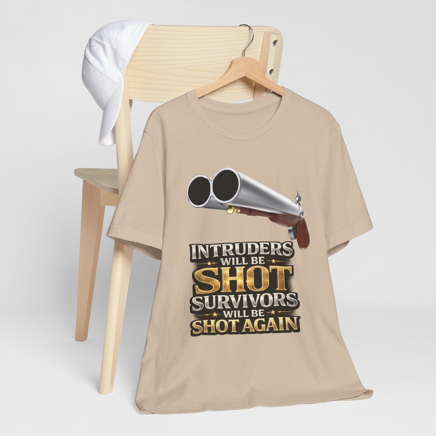 2nd Amendment Shotgun Safety Tee — "Intruders Will Be Shot, Survivors Shot Again" Graphic T-Shirt