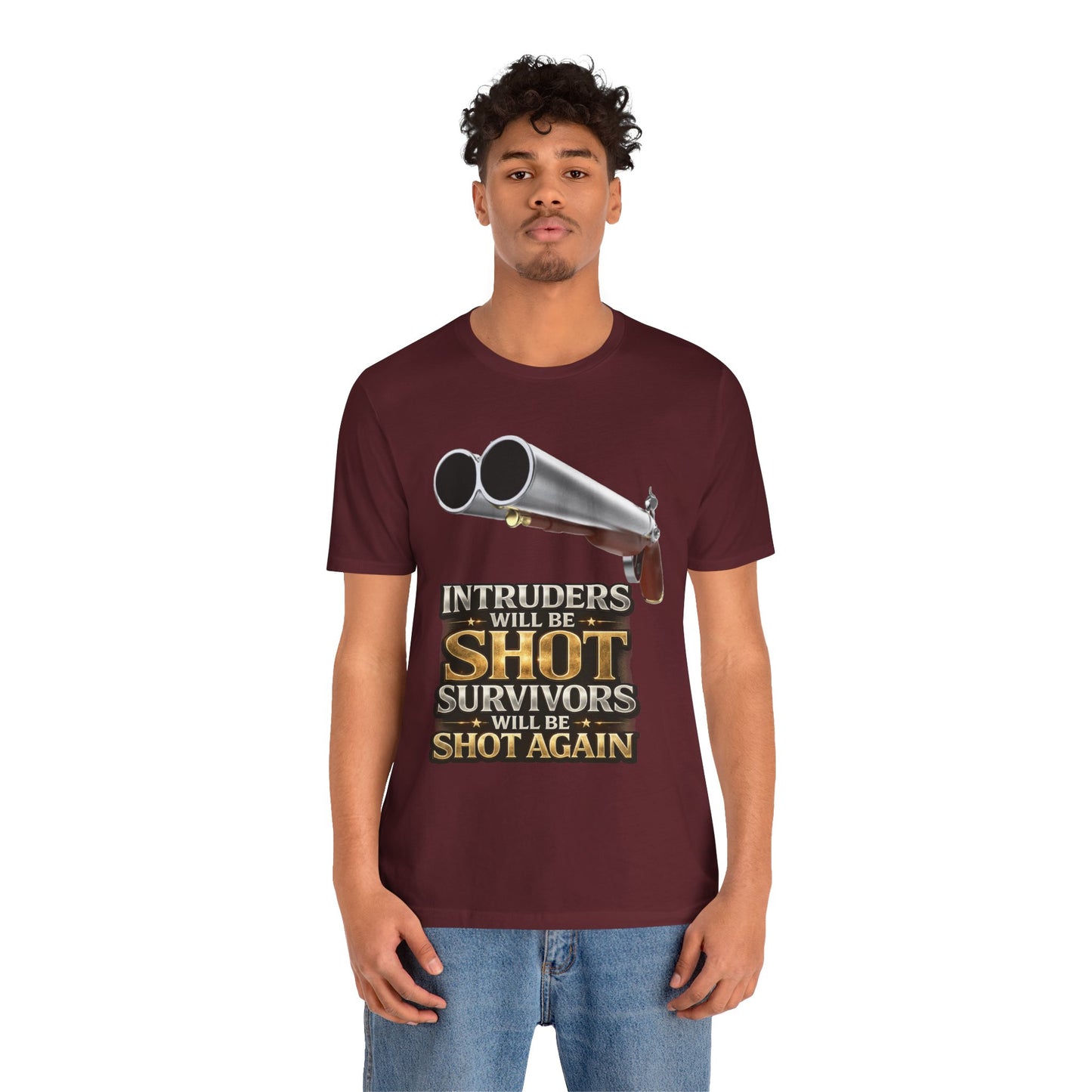 2nd Amendment Shotgun Safety Tee — "Intruders Will Be Shot, Survivors Shot Again" Graphic T-Shirt