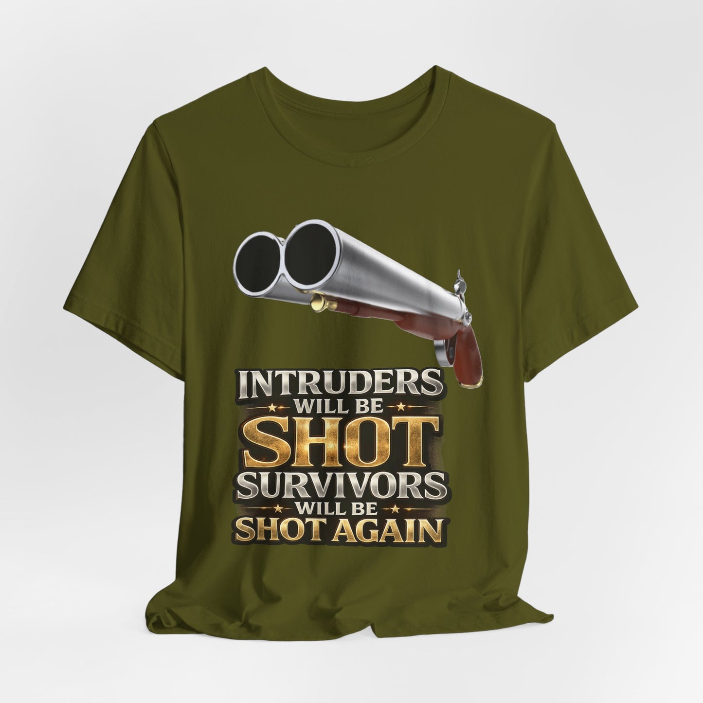 2nd Amendment Shotgun Safety Tee — "Intruders Will Be Shot, Survivors Shot Again" Graphic T-Shirt