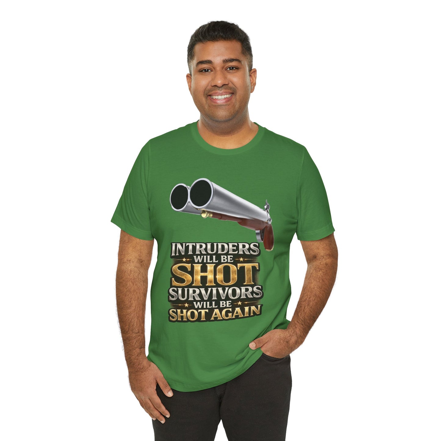 2nd Amendment Shotgun Safety Tee — "Intruders Will Be Shot, Survivors Shot Again" Graphic T-Shirt