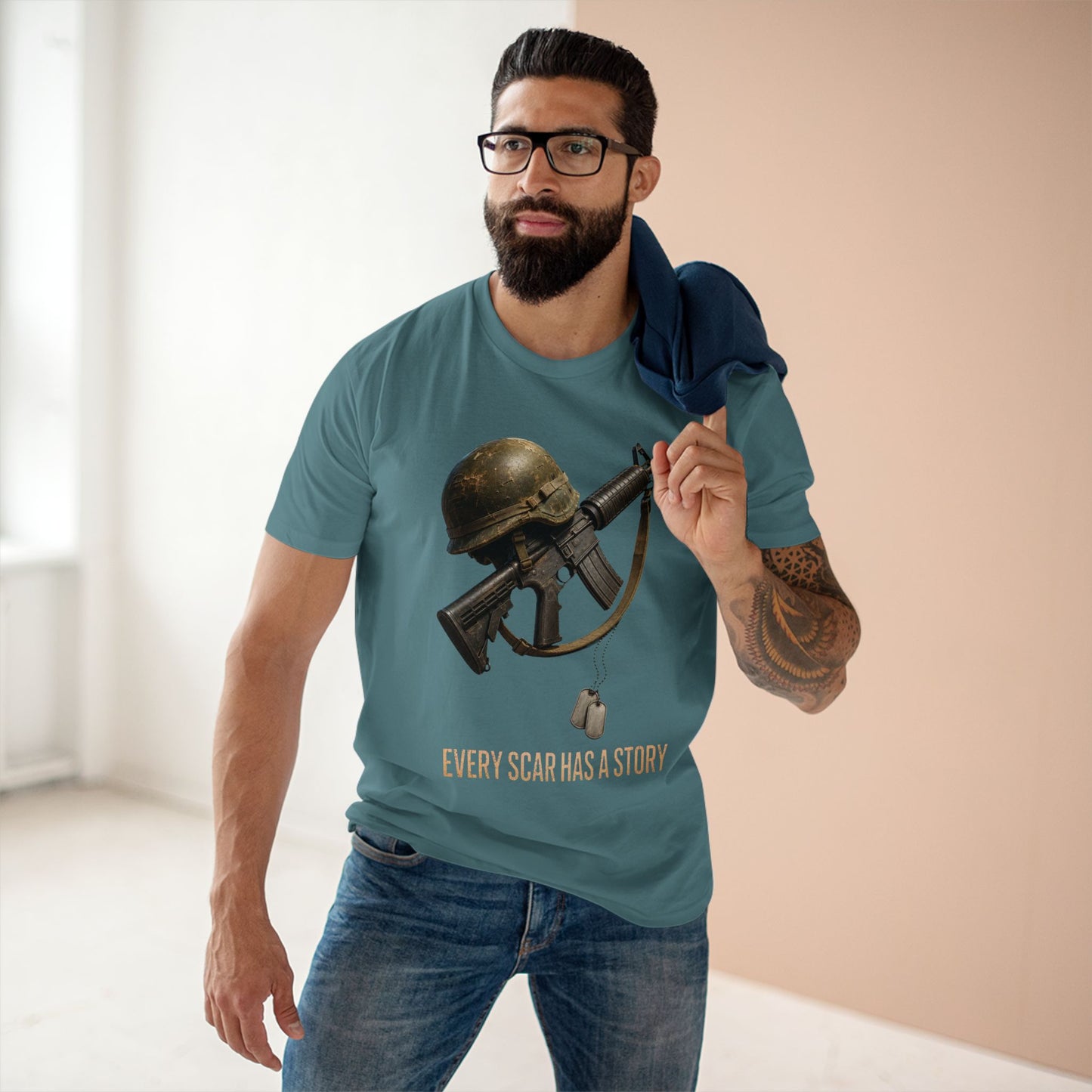 Military Tribute Tee  Veteran Helmet & Rifle T-Shirt