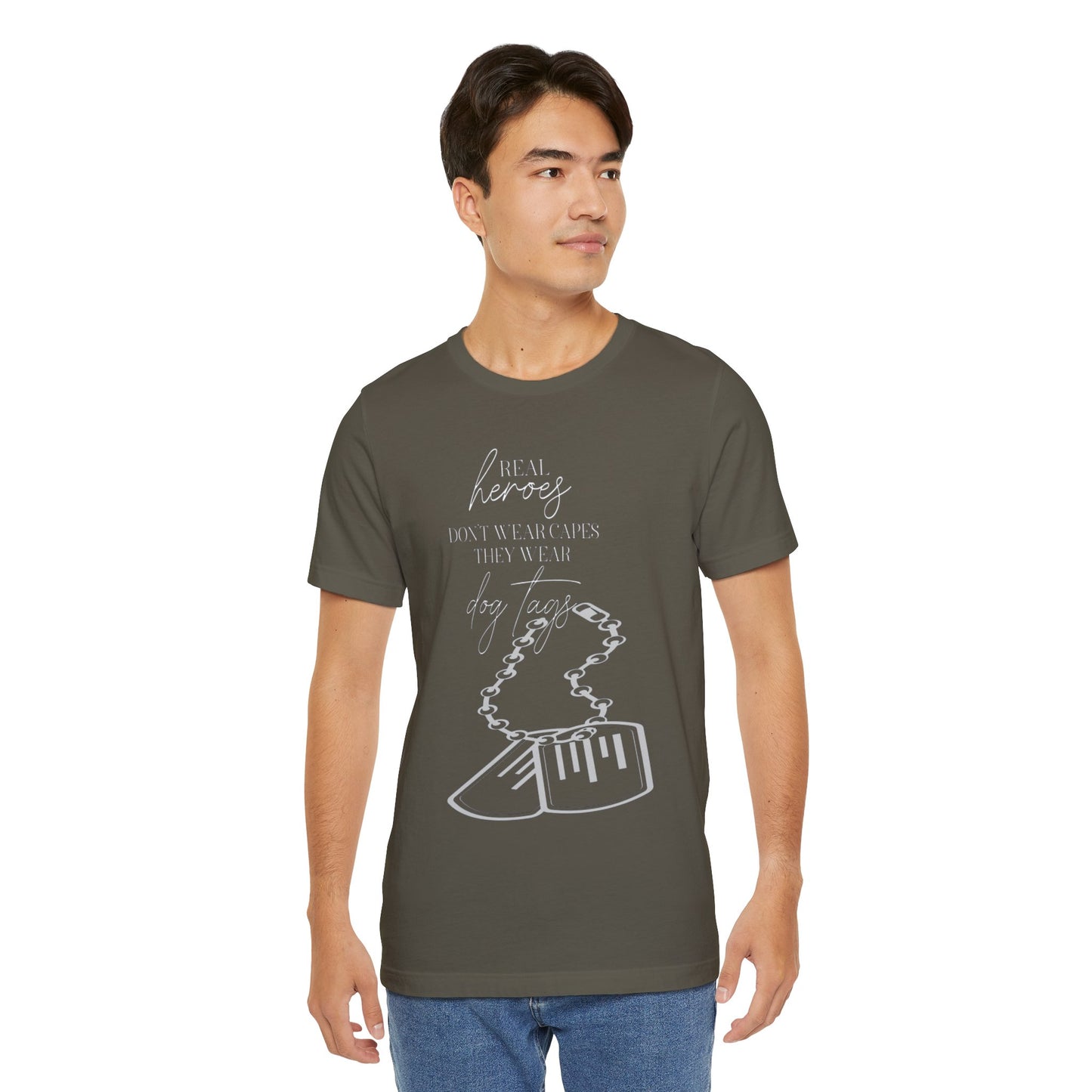 Super Hero, Military Hero, T-Shirt with Quote about Hero Not Wearing Capes They Wear Dog Tags