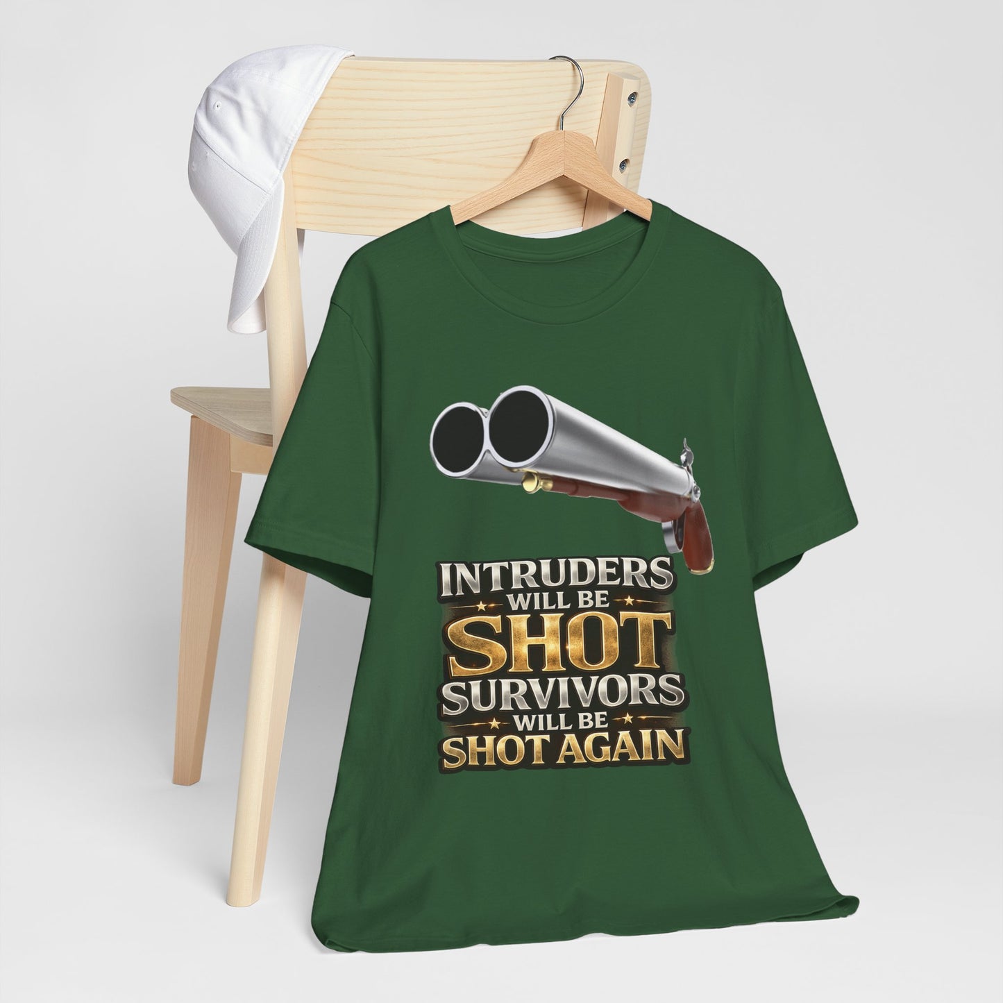 2nd Amendment Shotgun Safety Tee — "Intruders Will Be Shot, Survivors Shot Again" Graphic T-Shirt