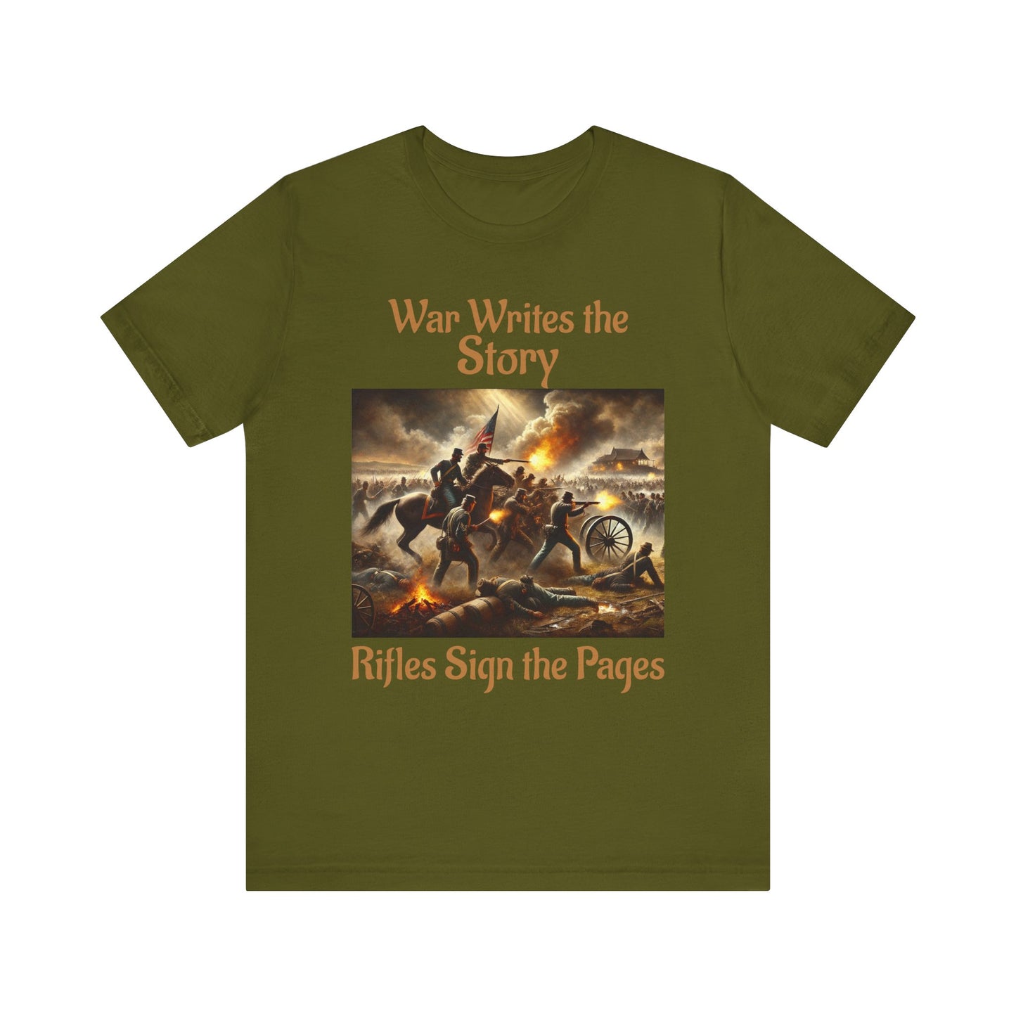 War Writes the Story T-Shirt  Rifles Sign the Pages Military Graphic Tee  Patriotic History Shirt  Battle Art Tee for Veterans & 2A Fans