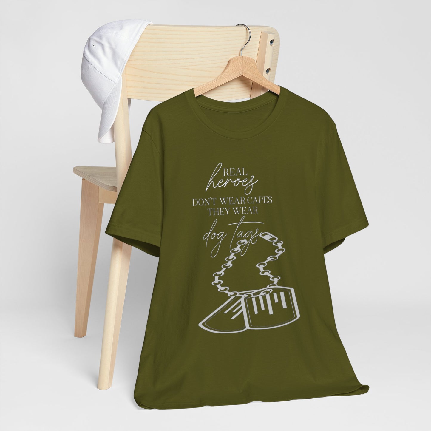Super Hero, Military Hero, T-Shirt with Quote about Hero Not Wearing Capes They Wear Dog Tags