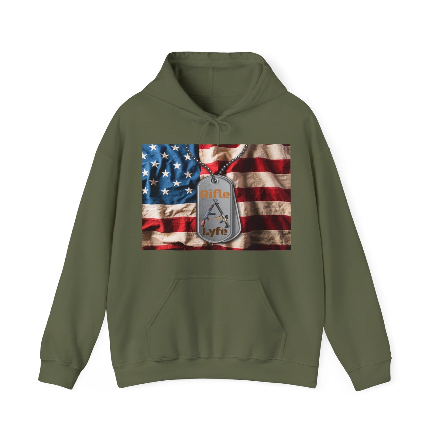 US flag with dog tags, Rifle Lyfe Logo Military