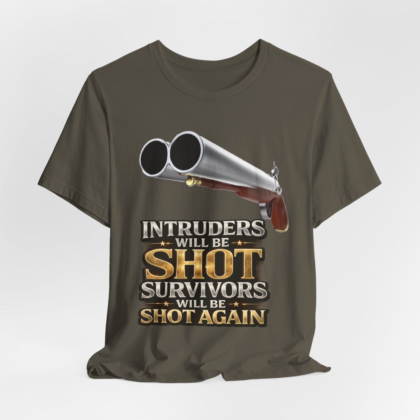 2nd Amendment Shotgun Safety Tee — "Intruders Will Be Shot, Survivors Shot Again" Graphic T-Shirt
