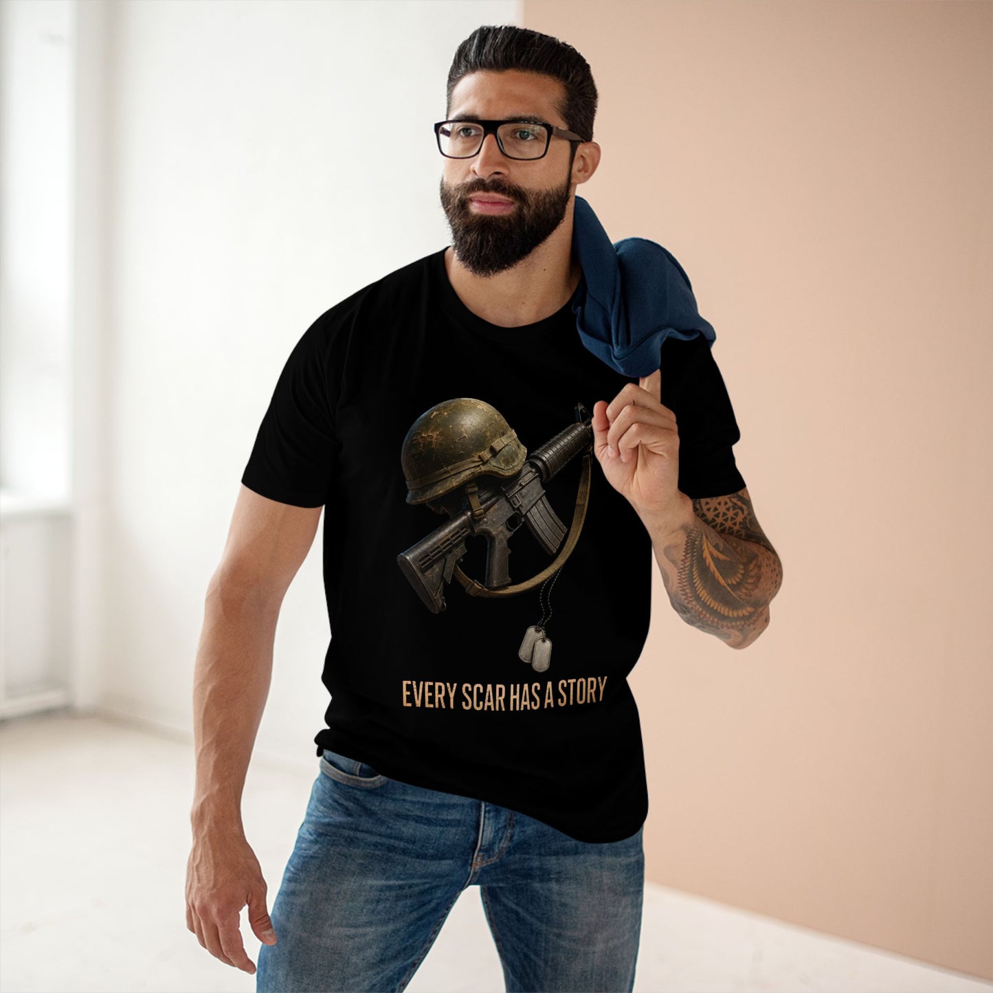 Military Tribute Tee  Veteran Helmet & Rifle T-Shirt