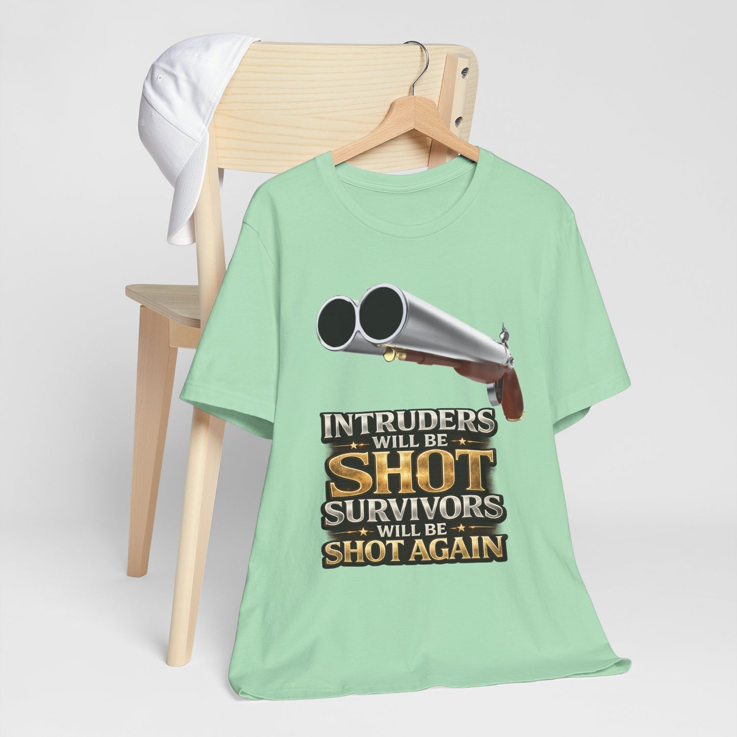 2nd Amendment Shotgun Safety Tee — "Intruders Will Be Shot, Survivors Shot Again" Graphic T-Shirt