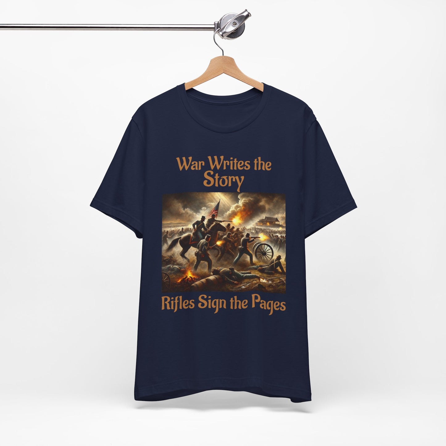 War Writes the Story T-Shirt  Rifles Sign the Pages Military Graphic Tee  Patriotic History Shirt  Battle Art Tee for Veterans & 2A Fans