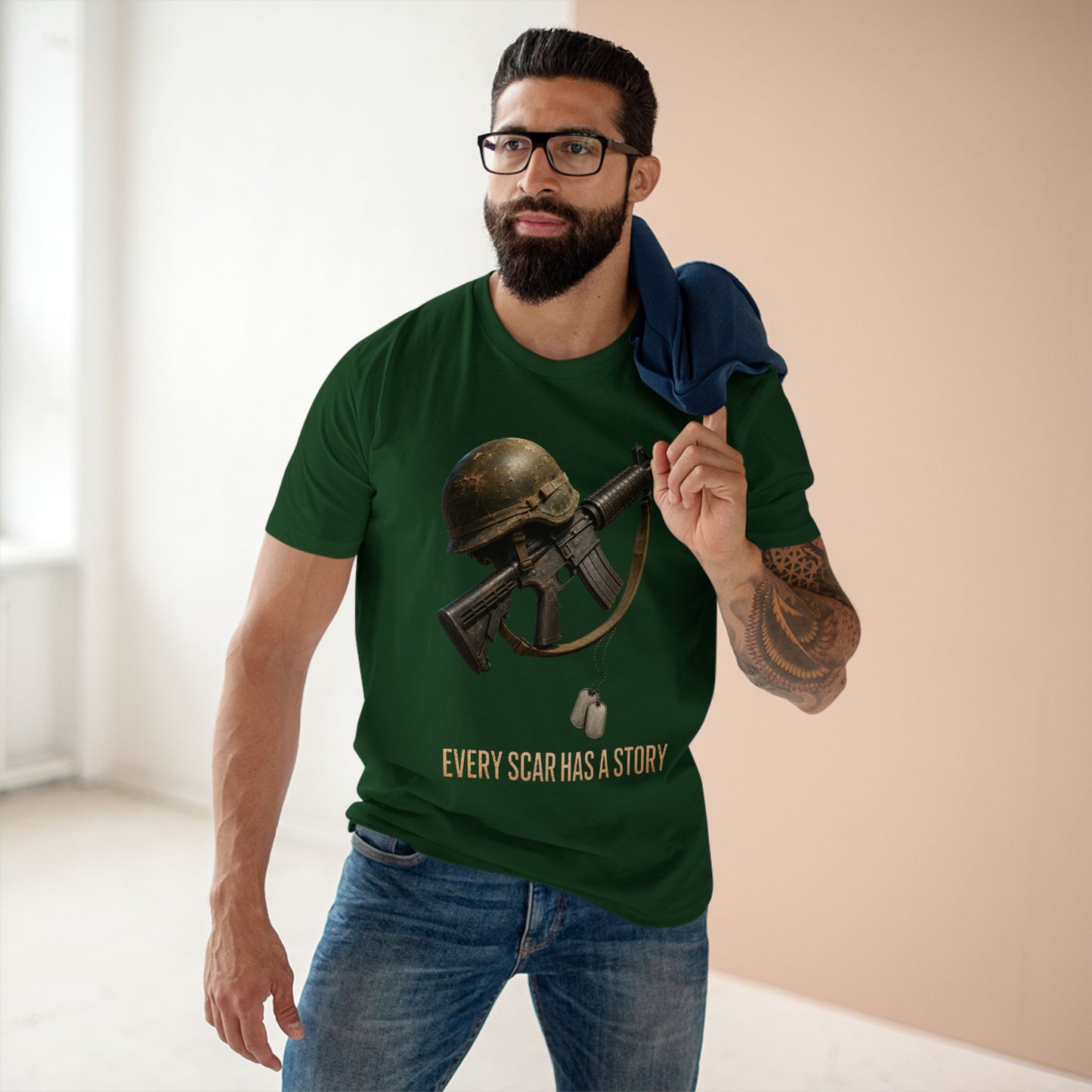 Military Tribute Tee  Veteran Helmet & Rifle T-Shirt