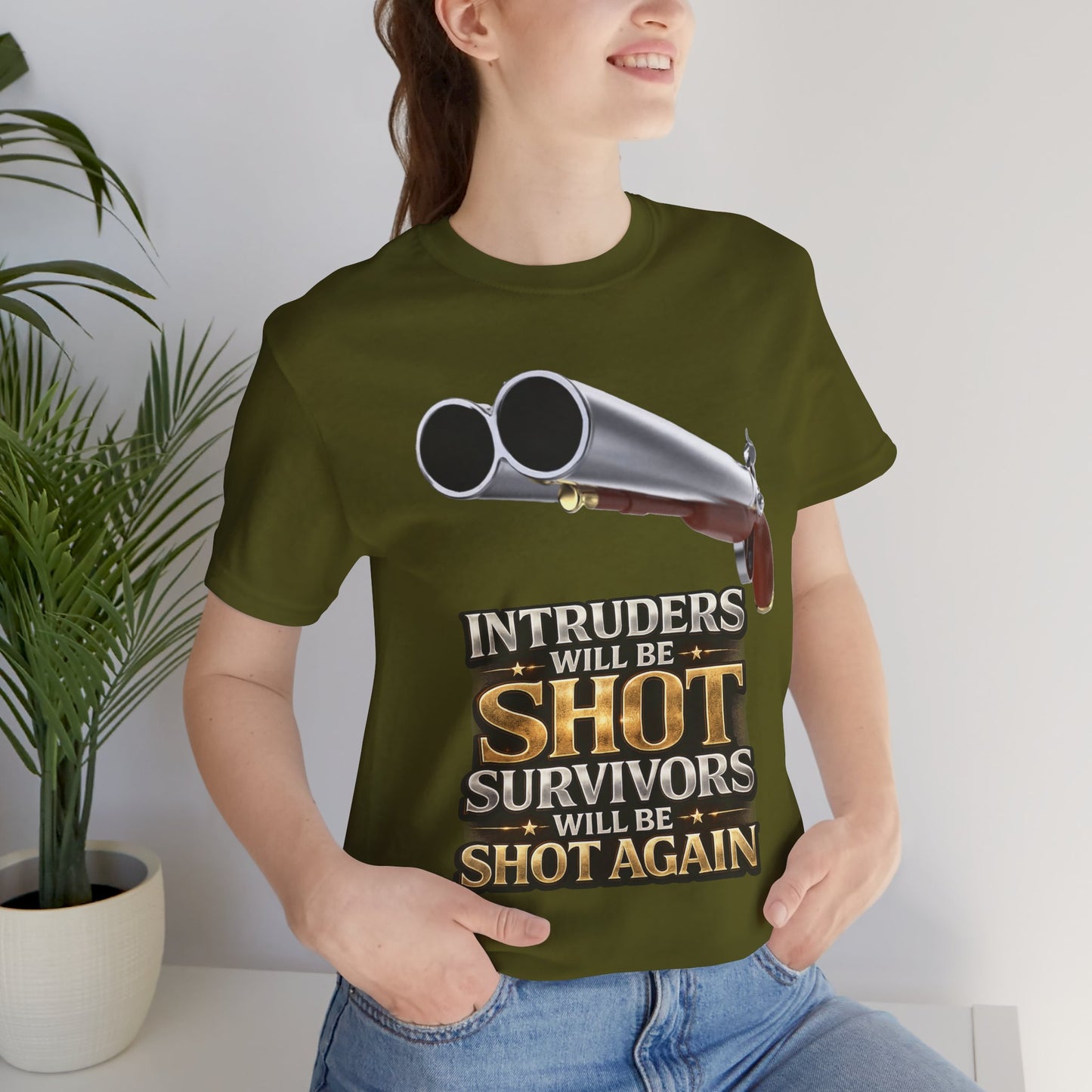 2nd Amendment Shotgun Safety Tee — "Intruders Will Be Shot, Survivors Shot Again" Graphic T-Shirt