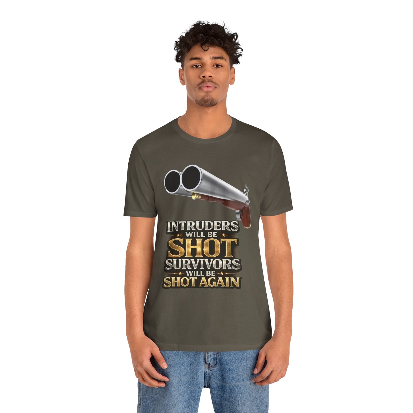 2nd Amendment Shotgun Safety Tee — "Intruders Will Be Shot, Survivors Shot Again" Graphic T-Shirt